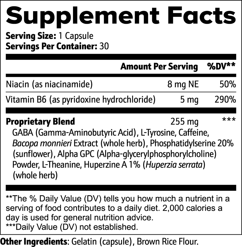 Sonic Mind Synclarity supplement facts and ingredients list including Niacin, Vitamin B6, GABA, L-Tyrosine, Caffeine, Bacopa monnieri, Phosphatidylserine, Alpha GPC, L-Theanine, and Huperzine A.