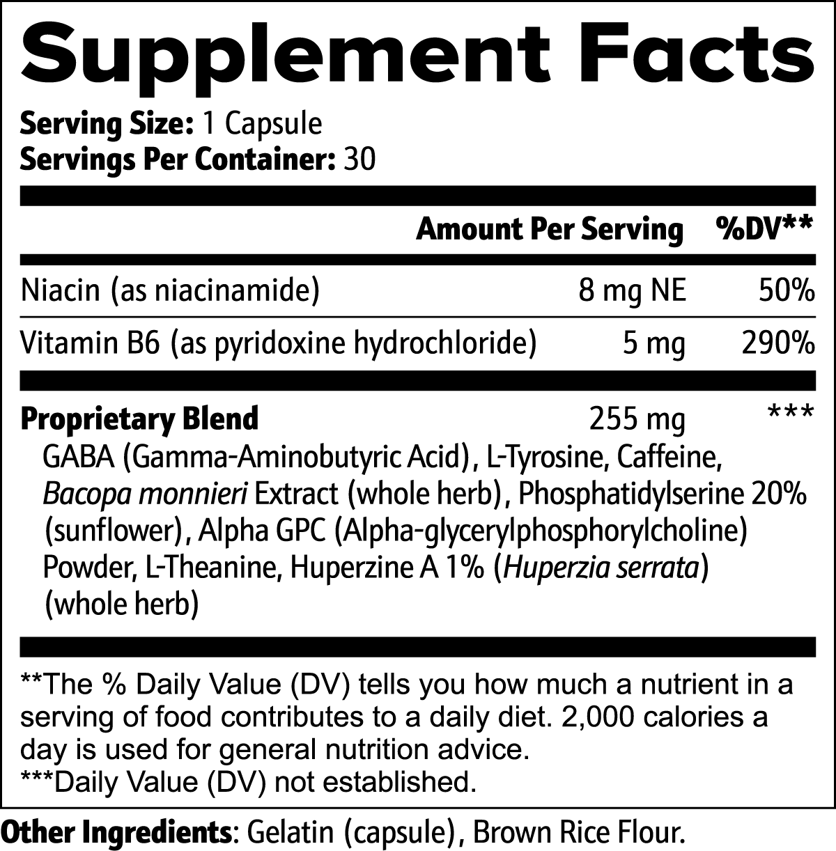 Sonic Mind Synclarity supplement facts and ingredients list including Niacin, Vitamin B6, GABA, L-Tyrosine, Caffeine, Bacopa monnieri, Phosphatidylserine, Alpha GPC, L-Theanine, and Huperzine A.