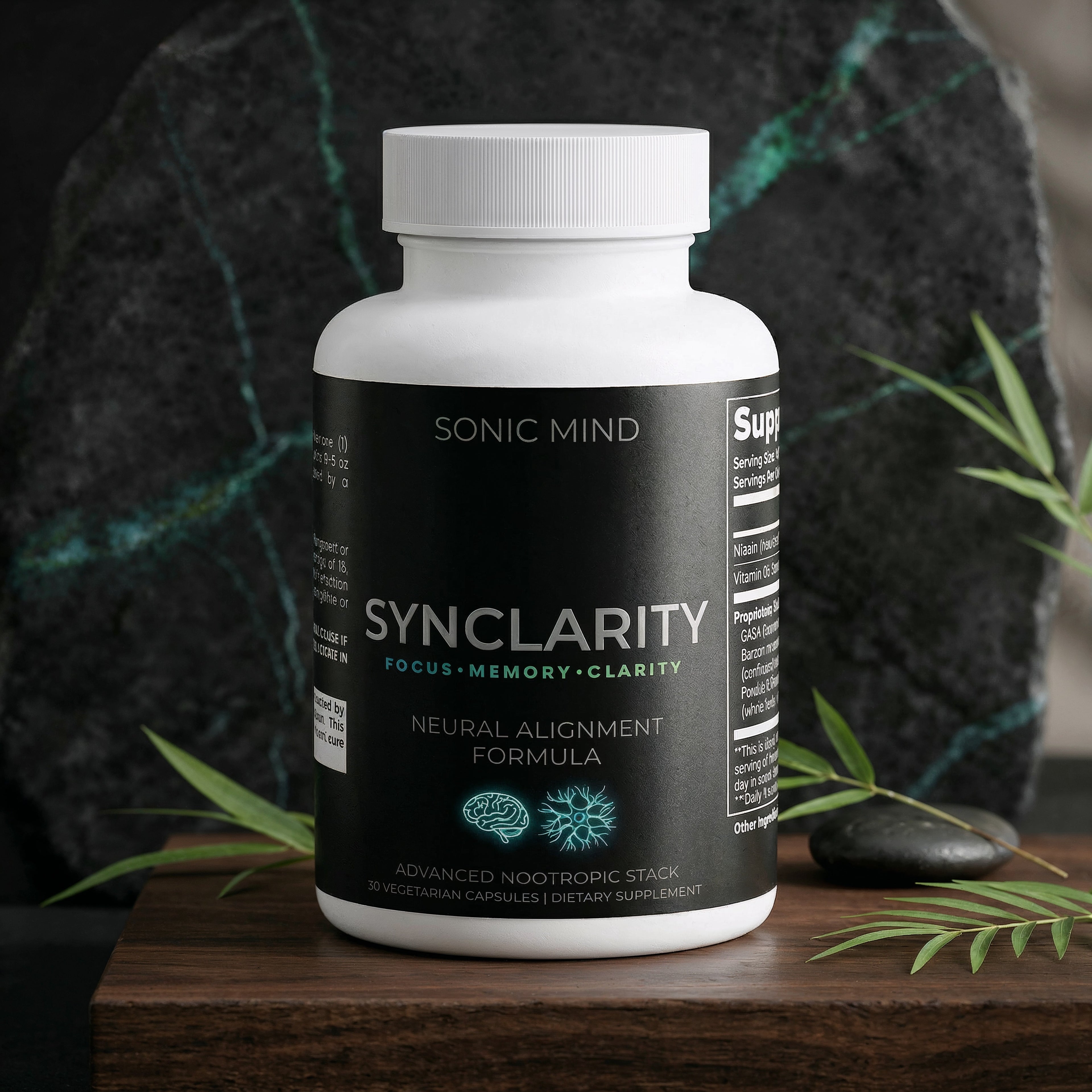 Sonic Mind Synclarity advanced nootropic supplement bottle for brain health, premium memory booster, sharp focus, and natural cognitive enhancement.