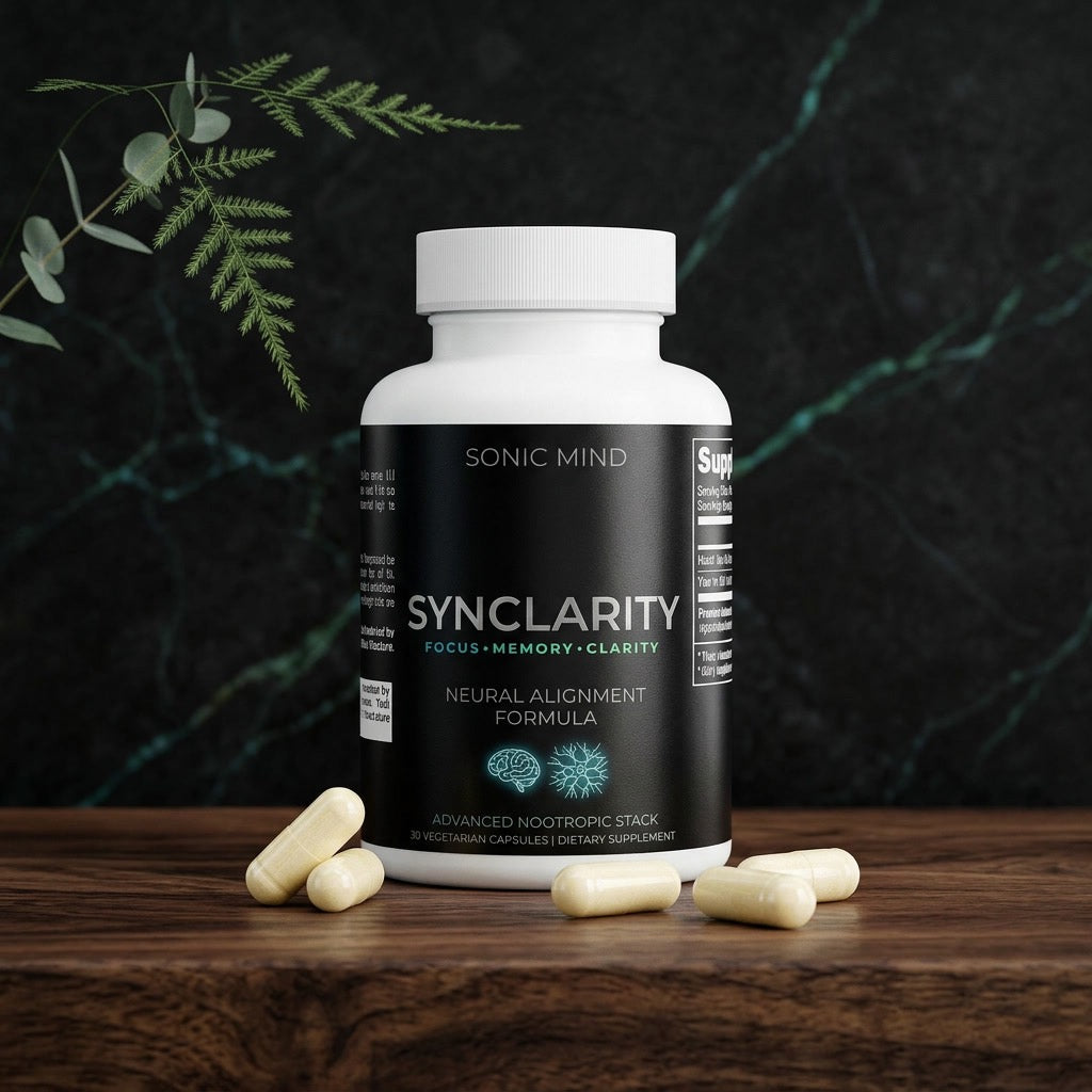 Sonic Mind Synclarity advanced nootropic stack supplement for brain health, memory, mental focus, clarity and cognitive enhancement.