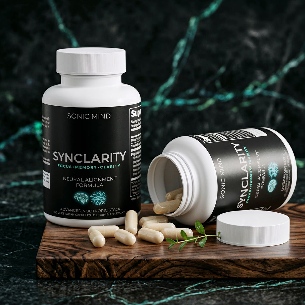 Sonic Mind Synclarity natural nootropic supplement bottles with herbal capsules for brain power, memory booster, mental focus, and cognitive performance.