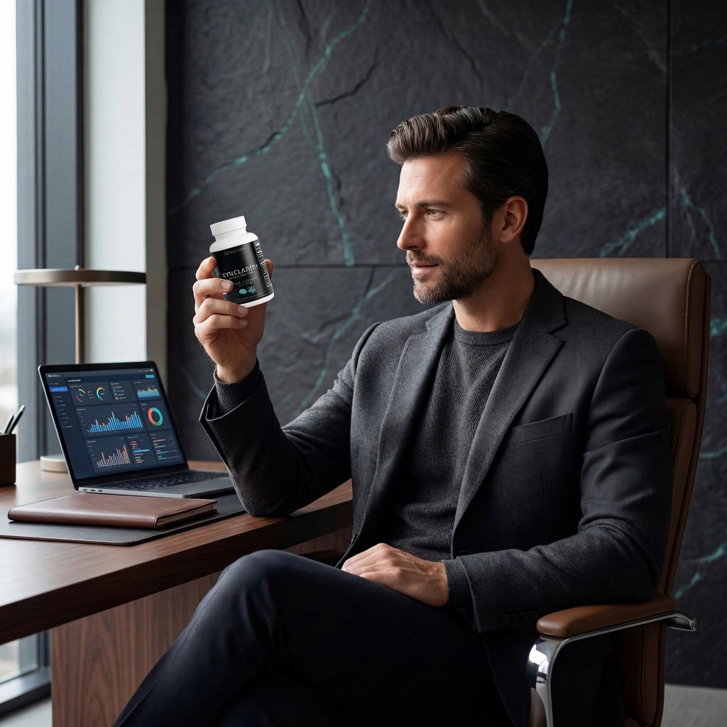 Successful entrepreneur in modern office holding Sonic Mind Synclarity nootropic supplement bottle for high performance, peak productivity, business focus, and brain health.