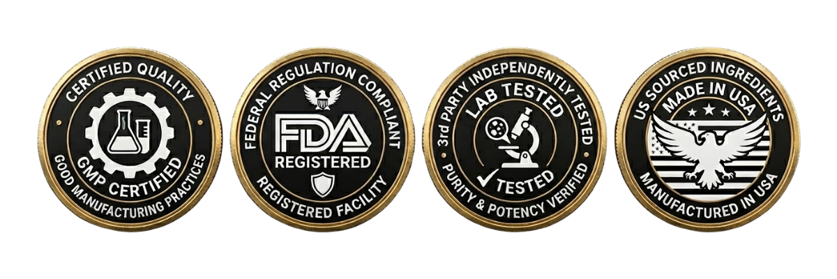 Sonic Mind Synclarity quality trust badges including GMP certified, FDA registered facility, 3rd party lab tested for purity, and made in USA nootropic supplements.