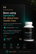 Sonic Mind Synclarity supplement customer review by Shagy S verified buyer with five stars rating highlighting sharp focus, mental clarity, sustained energy, and breaking mental loops.