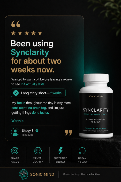 Sonic Mind Synclarity supplement customer review by Shagy S verified buyer with five stars rating highlighting sharp focus, mental clarity, sustained energy, and breaking mental loops.