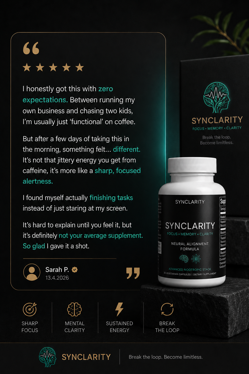 Sonic Mind Synclarity customer review  showcasing nootropic supplement for sharp focused alertness, finishing tasks, productivity, and natural clean energy.