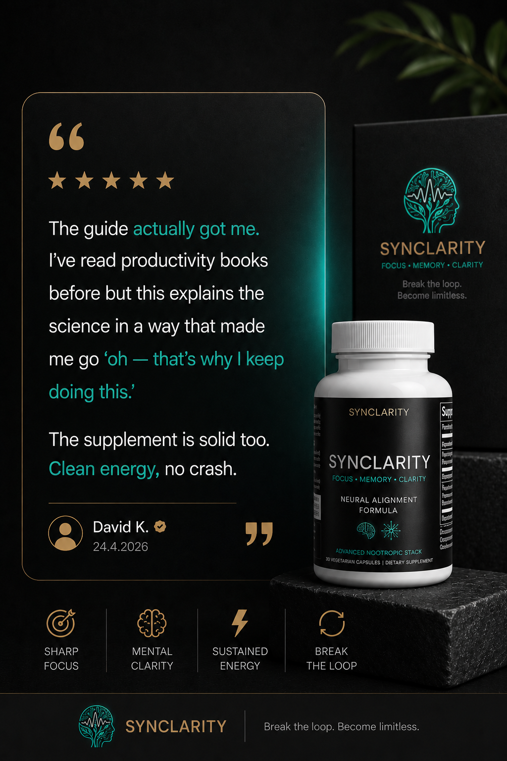 Sonic Mind Synclarity customer review  praising the productivity guide science and nootropic supplement for clean energy without crash, sharp focus, mental clarity, and sustained focus.