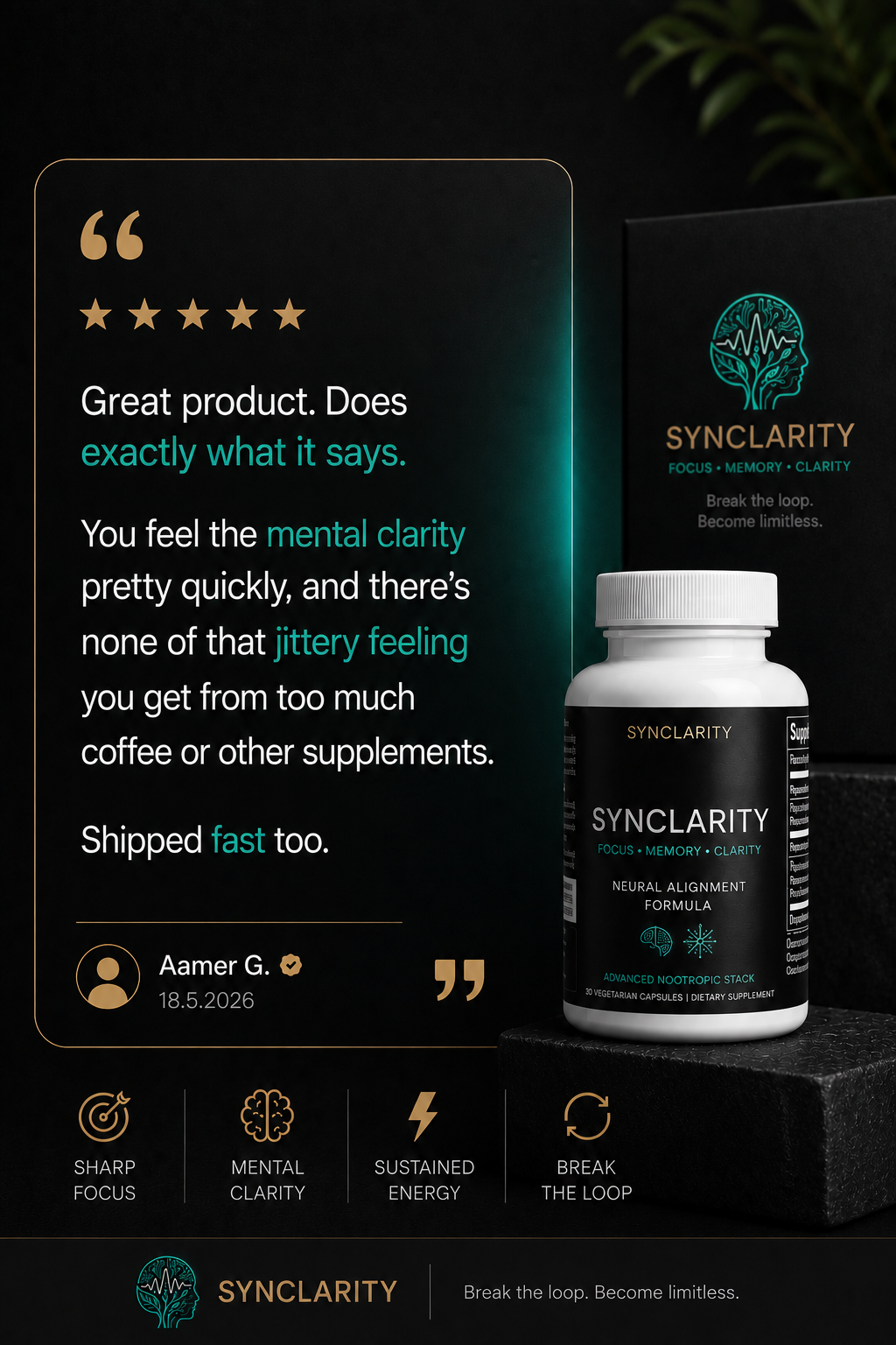 Sonic Mind Synclarity customer review by Aamer G praising the nootropic supplement for fast mental clarity without jittery feeling, high performance, and cognitive support.