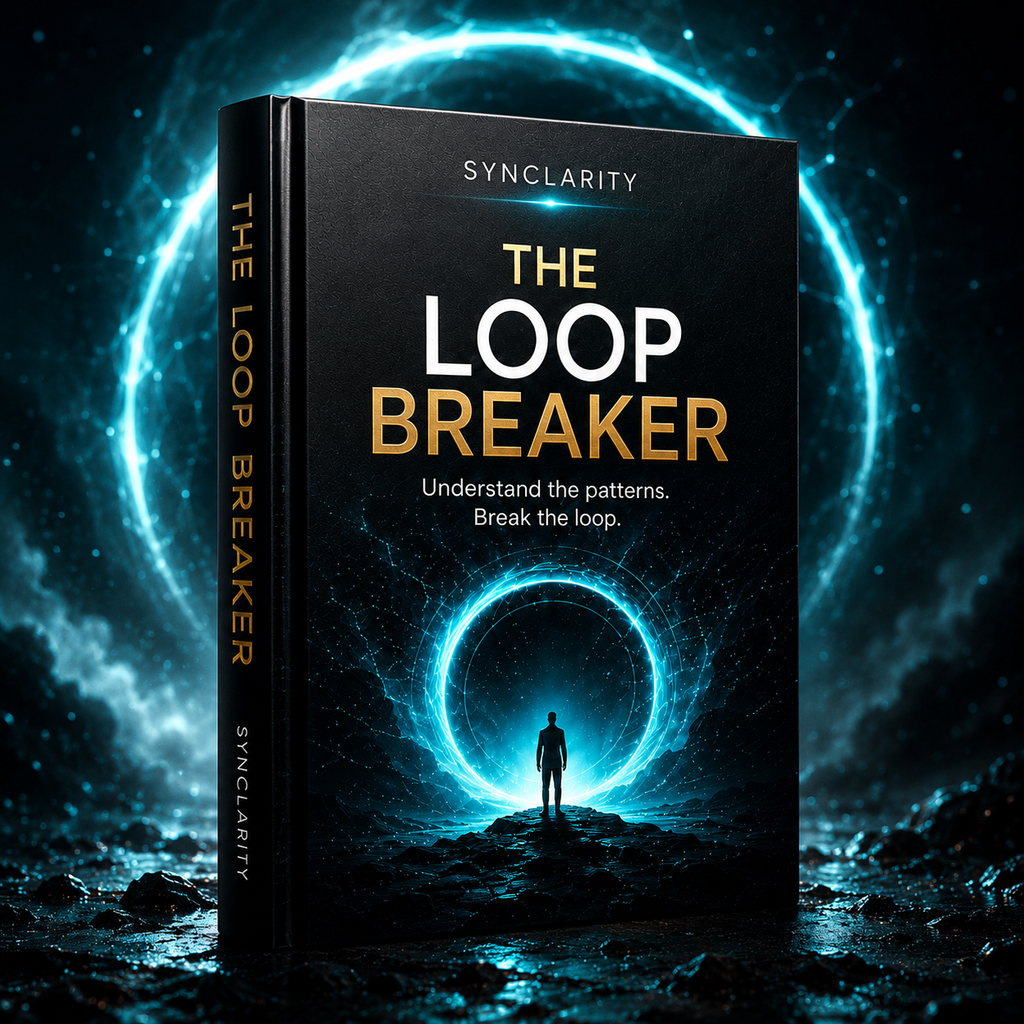The Loop Breaker by Synclarity book cover and 3D mockup, a practical personal growth guide for self-awareness, understanding recurring patterns, habit development, and mindset improvement.